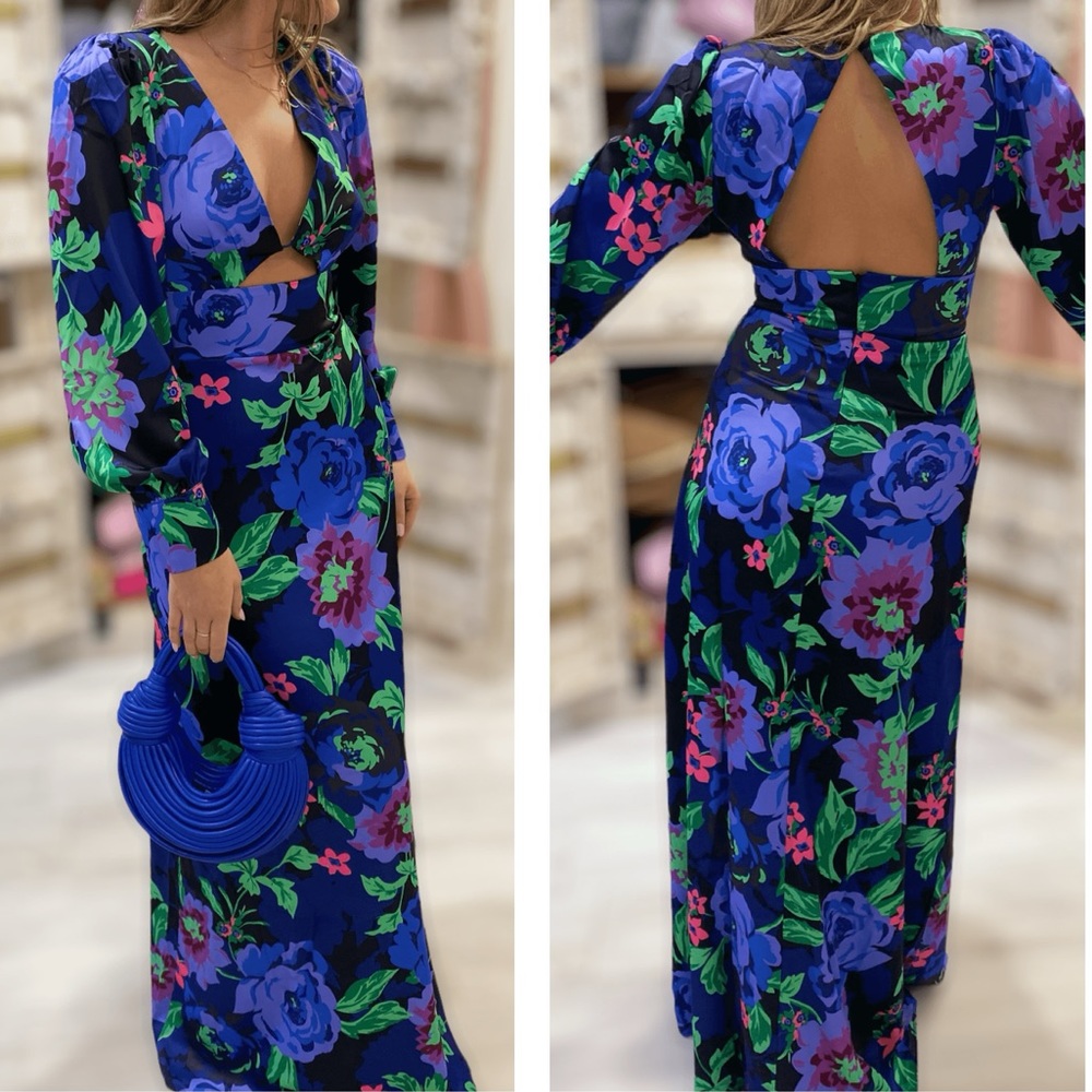 AFRM NWT Dolores Cutout Bold Colorful Floral Satin Long Sleeve Maxi Dress Sz XS